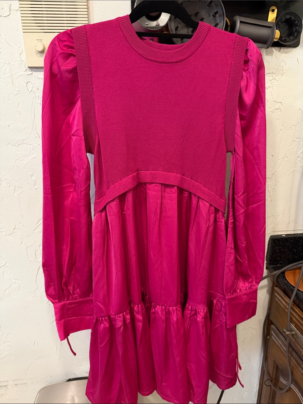 &merci Hot Pink Long-Sleeve Tiered Knit & Satin Dress